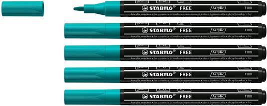 Marker acrilico - STABILO FREE Acrylic - T100 Punta rotonda 1-2mm - Confezione da 5 - Verde Pino