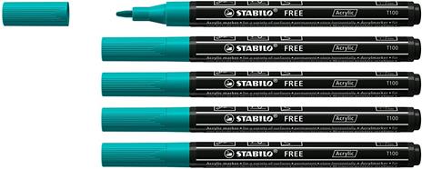 Marker acrilico - STABILO FREE Acrylic - T100 Punta rotonda 1-2mm - Confezione da 5 - Verde Pino