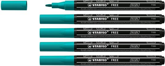 Marker acrilico - STABILO FREE Acrylic - T100 Punta rotonda 1-2mm - Confezione da 5 - Verde Pino