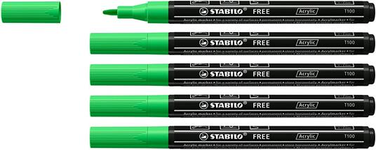 Marker acrilico - STABILO FREE Acrylic - T100 Punta rotonda 1-2mm - Confezione da 5 - Verde Foglia