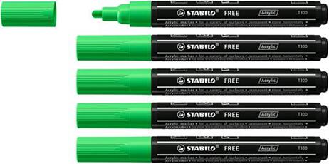 Cartoleria Marker acrilico - STABILO FREE Acrylic - T300 Punta rotonda 2-3mm - Confezione da 5 - Verde Foglia Stabilo