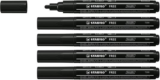 Marker acrilico - STABILO FREE Acrylic - T300 Punta rotonda 2-3mm - Confezione da 5 - Nero