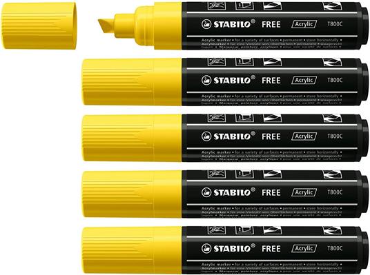 Marker acrilico - STABILO FREE Acrylic - T800C Punta a scalpello 4-10mm - Confezione da 5 - Giallo