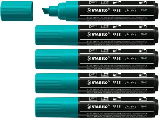 Marker acrilico - STABILO FREE Acrylic - T800C Punta a scalpello 4-10mm - Confezione da 5 - Verde Pino