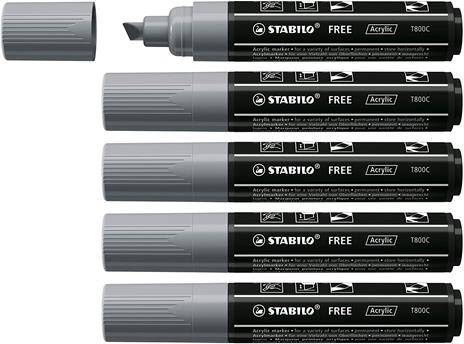 Marker acrilico - STABILO FREE Acrylic - T800C Punta a scalpello 4-10mm - Confezione da 5 - Grigio scuro