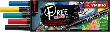 Marker acrilico - STABILO FREE Acrylic - T100 Punta rotonda 1-2mm - Royal Edition - Astuccio da 5 - Colori assortiti