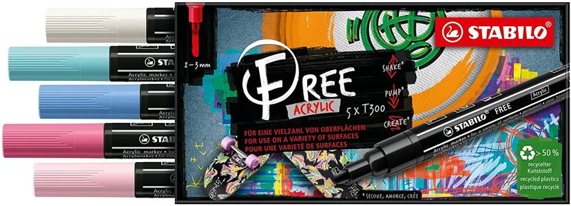 Cartoleria Marker acrilico- STABILO FREE Acrylic - T300 Punta rotonda 2-3mm - Candy Edition - Astuccio da 5 - Colori assortiti Stabilo