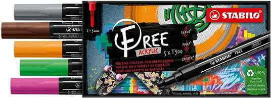 Cartoleria Marker acrilico- STABILO FREE Acrylic - T300 Punta rotonda 2-3mm - Vintage Edition - Astuccio da 5 - Colori assortiti STABILO