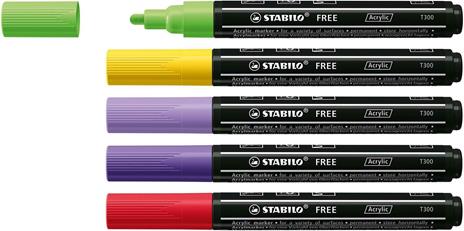 Marker acrilico- STABILO FREE Acrylic - T300 Punta rotonda 2-3mm - Vibrant Edition - Astuccio da 5 - Colori assortiti - 2