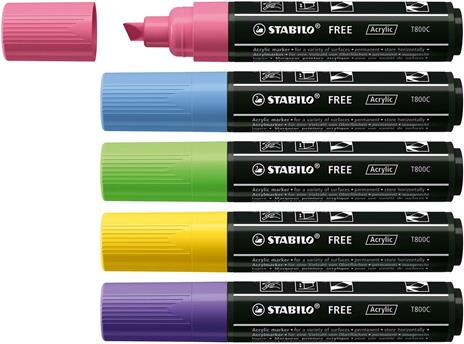 Marker acrilico - STABILO FREE Acrylic - T800C Punta a scalpello 4-10mm - Seaside Edition - Astuccio da 5 - Colori assortiti - 2