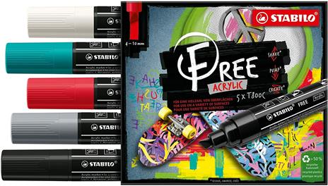 Marker acrilico - STABILO FREE Acrylic - T800C Punta a scalpello 4-10mm - Bold Edition - Astuccio da 5 - Colori assortiti