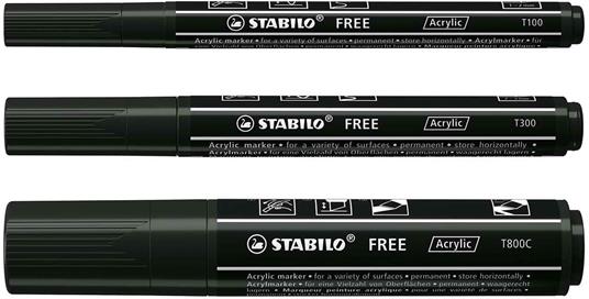 Marker acrilico - STABILO FREE Acrylic - Pack da 3 - 1x T100, T300, T800C - con 3 punte diverse - Nero - 2