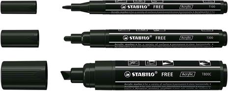 Marker acrilico - STABILO FREE Acrylic - Pack da 3 - 1x T100, T300, T800C - con 3 punte diverse - Nero - 3