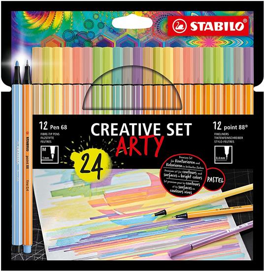 Creative Set STABILO ARTY STABILO point 88 Pen 68 Astuccio da 24 colori Pastello 11 fineliner point 88 13 pennarelli Pen 68