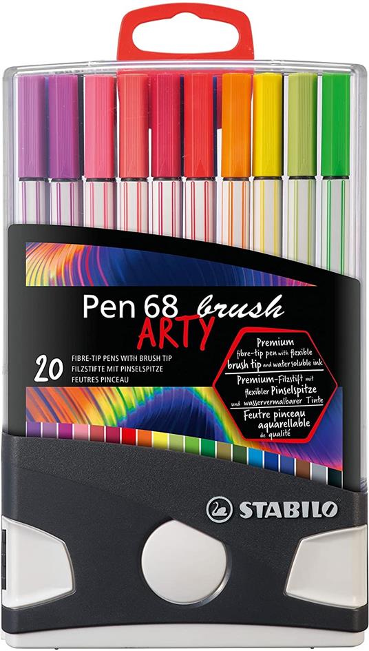Pennarello Premium con punta a pennello per linee spesse e sottili con 20 colori assortiti STABILO Pen 68 brush Colorparade Astuccio da 20 
