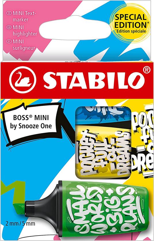 Evidenziatore - STABILO BOSS MINI by Snooze One - Astuccio da 3 - Blu/Giallo/Verde