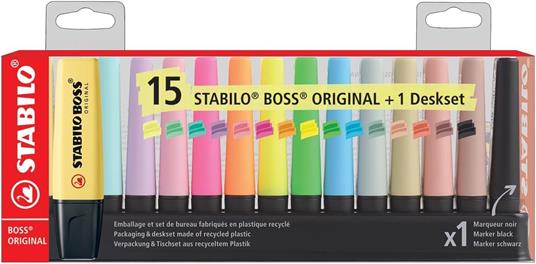 Evidenziatore - STABILO BOSS ORIGINAL Desk-Set - 15 Colori assortiti 5 Neon + 5 Pastel + 5 Nature