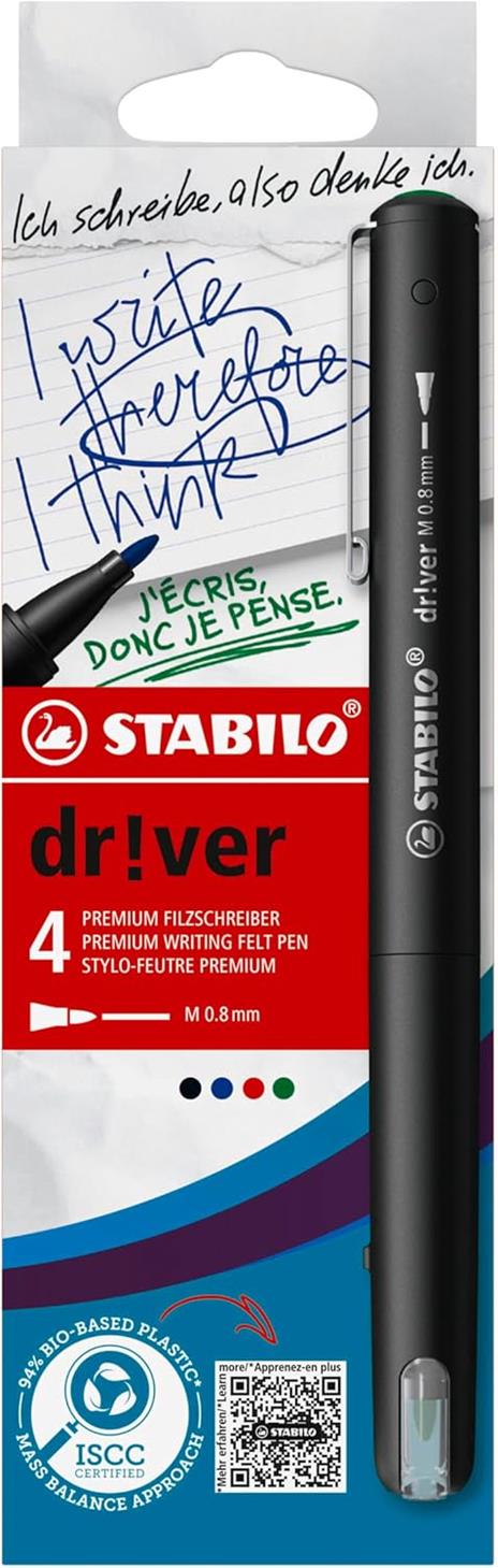 Fineliner Premium - STABILO dr!ver - Tratto Medio (0,8 mm) - Astuccio da 4 - Verde, Rosso, Blu, Nero