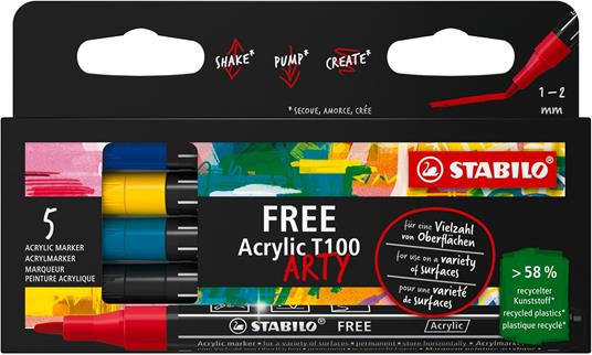 Marker acrilico - STABILO FREE Acrylic - T100 Punta rotonda 1-2mm - Royal Edition - Astuccio da 5 - Colori assortiti