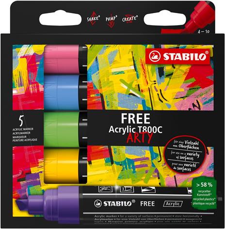 Marker acrilico - STABILO FREE Acrylic - T800C Punta a scalpello 4-10mm - Seaside Edition - Astuccio da 5, Colori assortiti