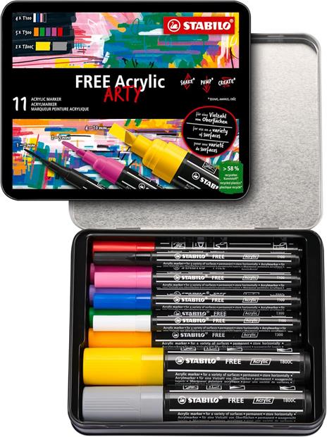 Marker acrilico - STABILO FREE Acrylic Starter Set - Pack da 11 - 4x T100, 5x T300, 2x T800C - Colori assortiti - 2