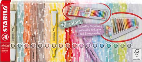 Evidenziatore - STABILO swing cool NatureCOLORS Desk-Set - 18 Colori Assortiti 6 Nature + 12 Pastel - 4