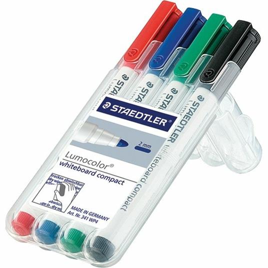 Marcatore a secco Staedtler Whiteboard Compact punta tonda 1-2 mm. Confezione 4 colori assortiti