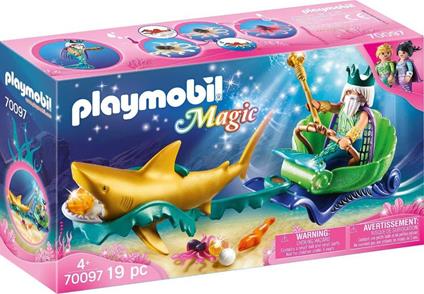 Playmobil Magico Mondo delle Sirene (70097). Re dei Mari con Carrozza e Squalo