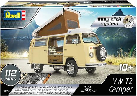 Revell 07676 Volkswagen T2 Camper (easy-click) Model Kit 1:24 Scale 07676-Kit modello, scala, Colore Non Laccato - 2