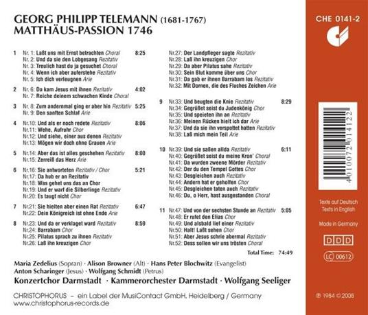 La Passione secondo Matteo - CD Audio di Georg Philipp Telemann - 2