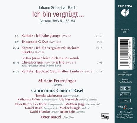 Ich Bin Vergnugt. Bach Cantatas Bwv 51, 82 & 84 - CD Audio di Miriam Feuersinger - 2