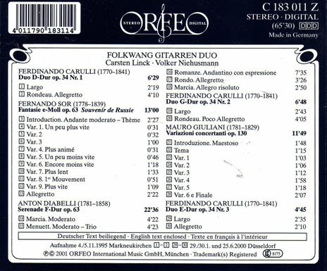 Musica per chitarra - CD Audio di Joseph Fernando Macari Sor,Ferdinando Carulli,Anton Diabelli,Folkwang Gitarren Duo - 2
