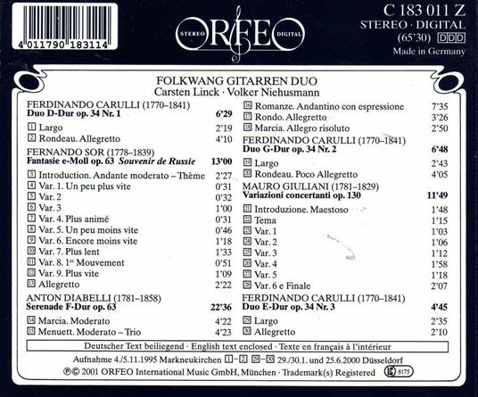 Musica per chitarra - CD Audio di Joseph Fernando Macari Sor,Ferdinando Carulli,Anton Diabelli,Folkwang Gitarren Duo - 2