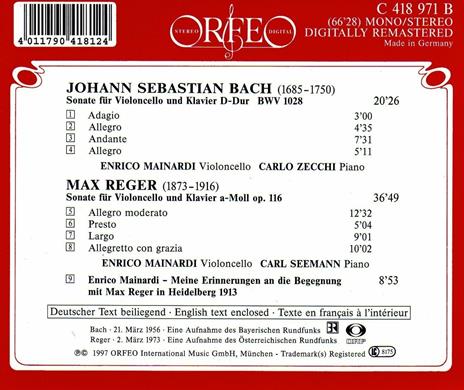 Sonata BWV1028 / Sonata op.116 - CD Audio di Johann Sebastian Bach,Max Reger,Enrico Mainardi - 2