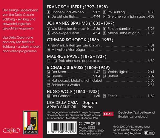 Lieder. Lisa della Casa Live Recording 1957 - CD Audio di Johannes Brahms,Maurice Ravel,Franz Schubert,Richard Strauss,Lisa Della Casa - 2