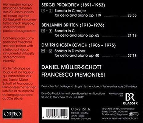 Sonate - CD Audio di Benjamin Britten,Sergei Prokofiev,Dmitri Shostakovich,Daniel Müller-Schott,Francesco Piemontesi - 2