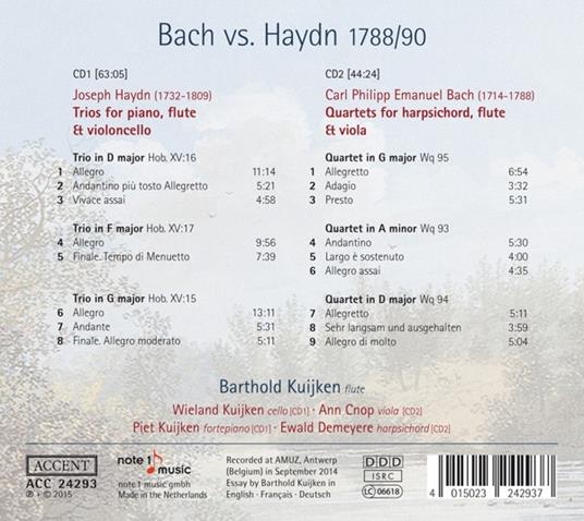 Bach vs Haydn 1788-1790. Quartetti e trii - CD Audio di Johann Sebastian Bach,Franz Joseph Haydn,Barthold Kuijken,Ewald Demeyere - 2