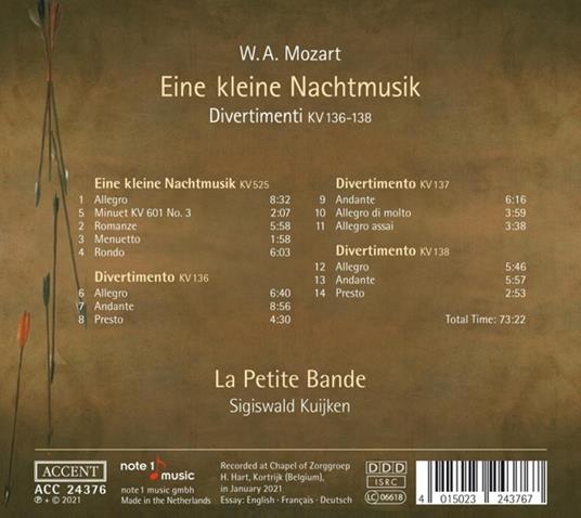 Eine Kleine Nachtmusik - CD Audio di Wolfgang Amadeus Mozart,Sigiswald Kuijken,La Petite Bande - 2