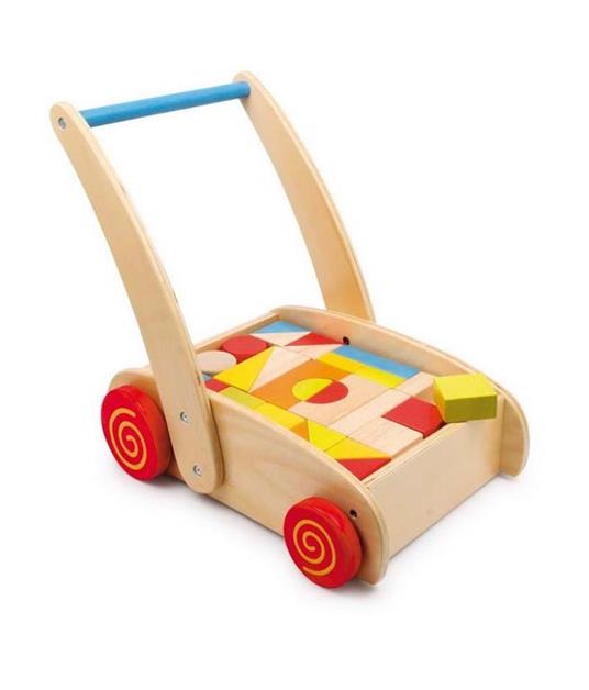 Carrello primi passi con gioco di costruzioni in legno, 40x38cm.