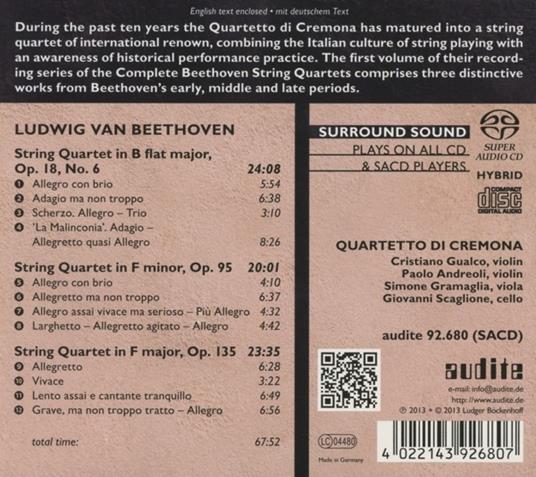 Quartetti per archi vol.1 - SuperAudio CD ibrido di Ludwig van Beethoven,Quartetto di Cremona - 2