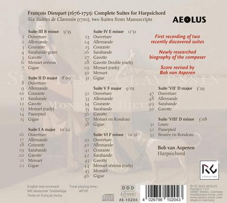 Francois Dieupart. Suittes De Clavessin. Complete Suites For Harpsichord - CD Audio di Bob Van Asperen - 2