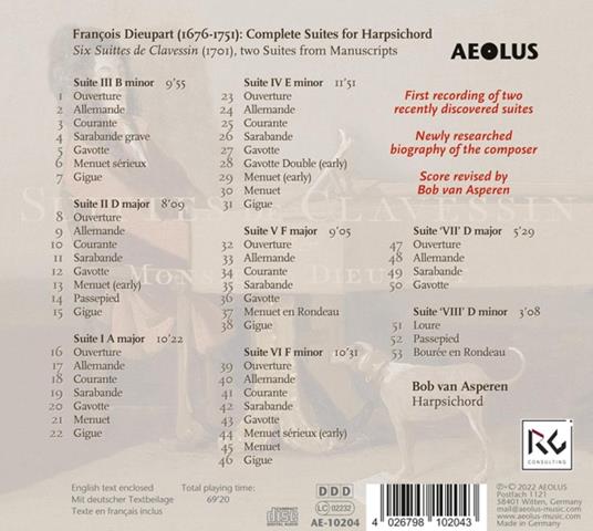 Francois Dieupart. Suittes De Clavessin. Complete Suites For Harpsichord - CD Audio di Bob Van Asperen - 2