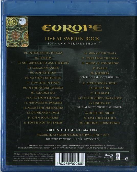 Europe. Live at Sweden Rock. 30th Anniversary Show (Blu-ray) - Blu-ray di Europe - 2