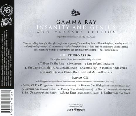 Insanity and Genius (Anniversary Edition) - CD Audio di Gamma Ray - 2