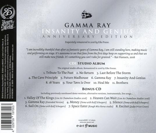 Insanity and Genius (Anniversary Edition) - CD Audio di Gamma Ray - 2