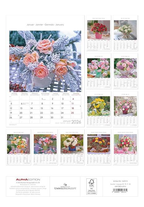 ALPHA EDITION - Calendario 2026 da muro, 12 mesi, 23,7x34 cm, Rose Dreams - 2