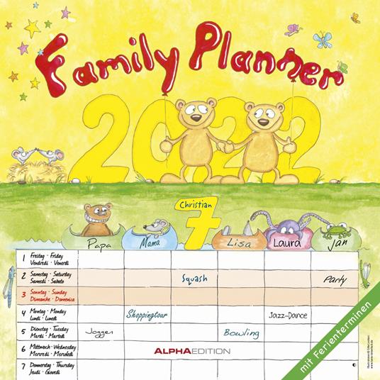 Calendario 2022 da muro Alpha Edition, Organizza famiglia, 12 mesi, 30x30 cm