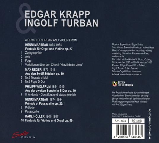 Musiche per organo di Marteau, Wolfrum, Reger & Holler - CD Audio di Edgar Krapp - 2