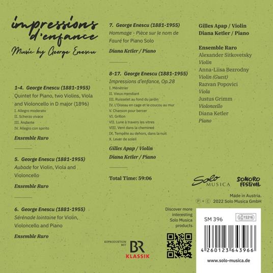 George Enescu. Impressions D'Enfance - CD Audio di Ensemble Raro - Gilles Apap - Diana Ketler - 2
