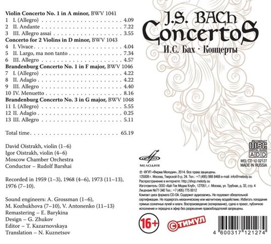 Concerto per violino n.1 BWV1041 - Concerto per 2 violini BWV1043 - CD Audio di Johann Sebastian Bach,David Oistrakh,Igor Oistrakh,Rudolf Barshai - 2